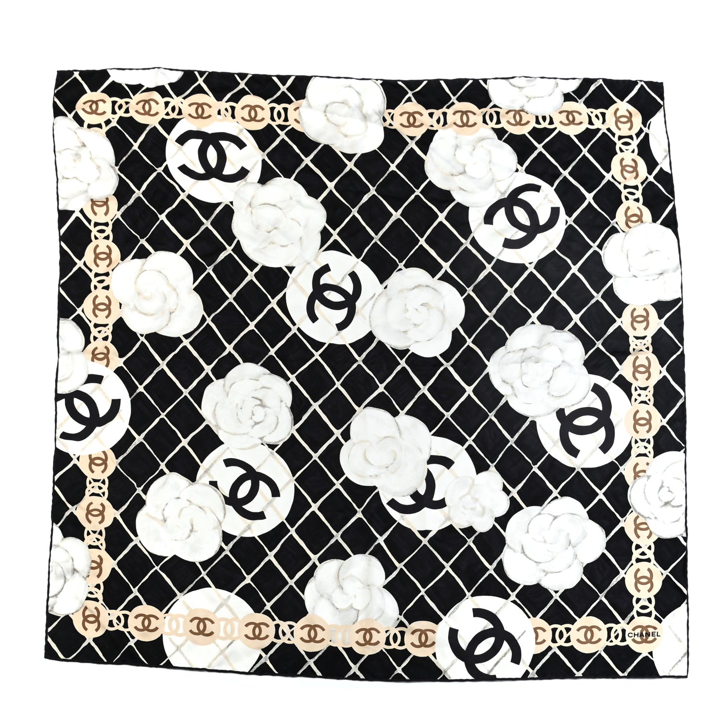 Silk CC Logo Camellia Scarf White Black