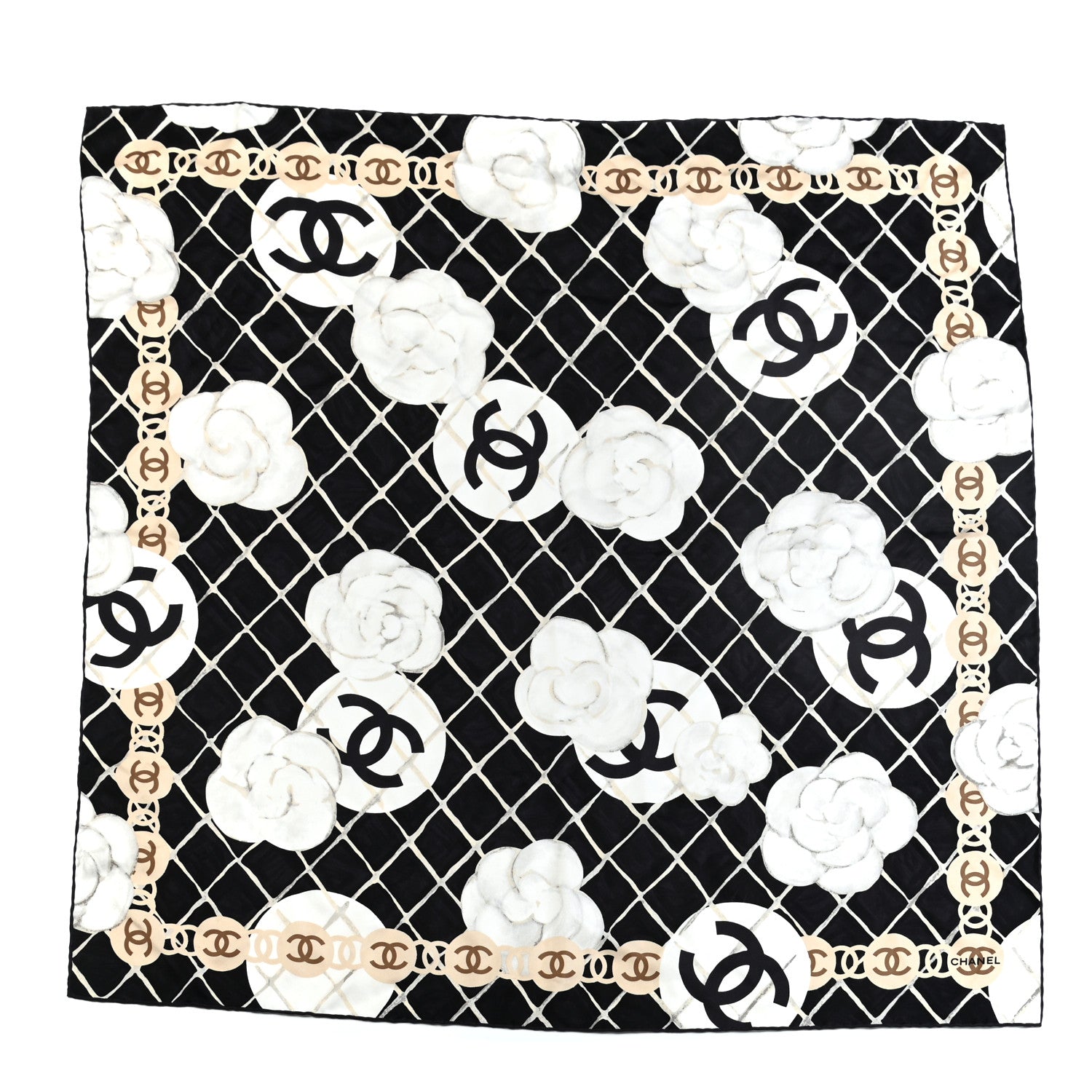 Chanel Silk CC Logo Camellia Scarf White Black 1 of 3