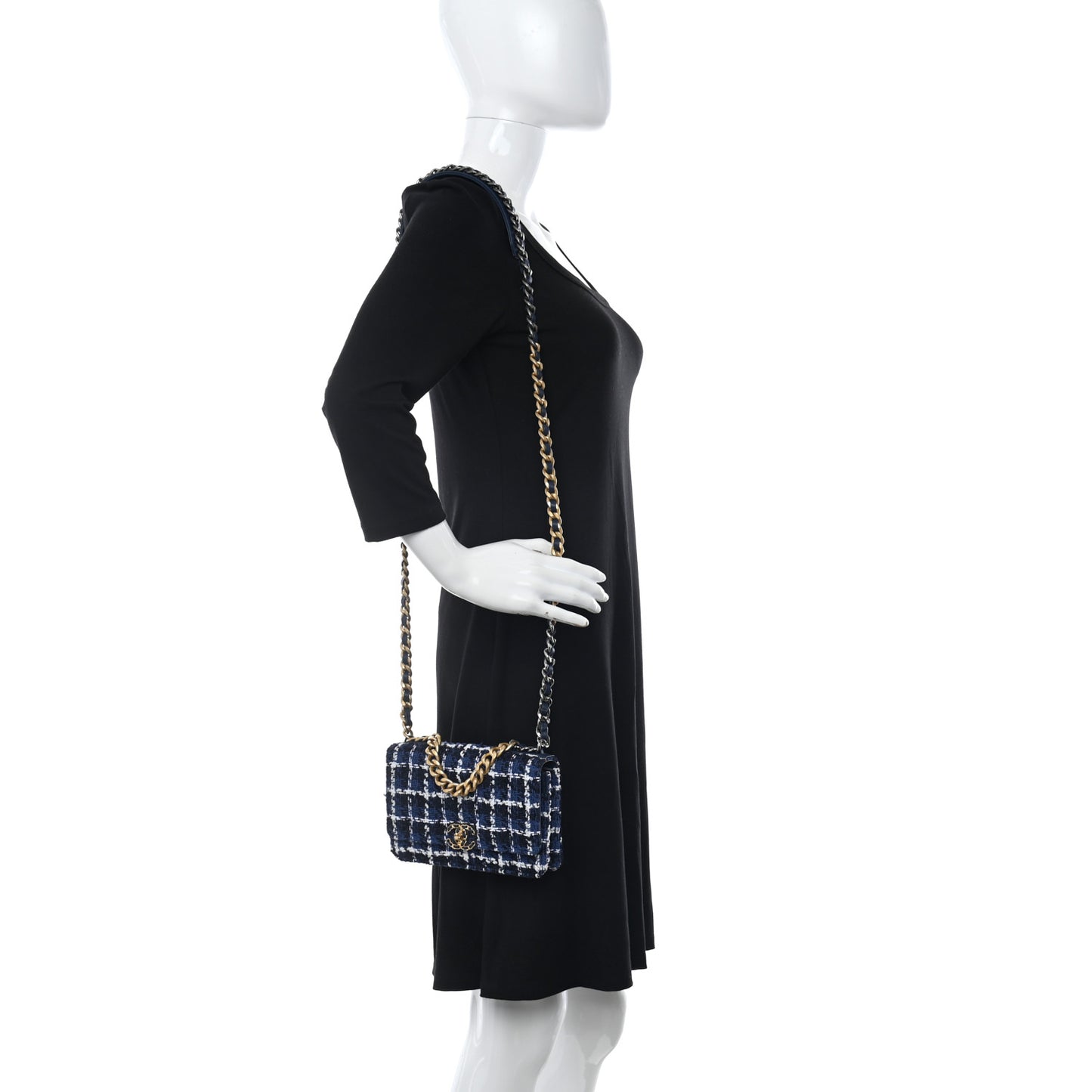 Tweed Quilted Chanel 19 Wallet On Chain WOC Blue White Navy Blue