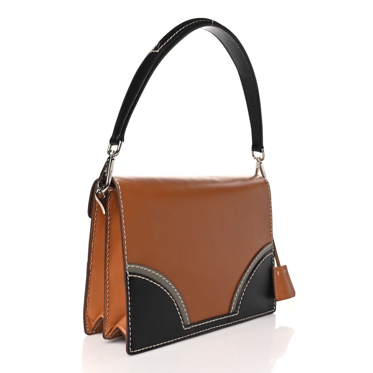 Prada Vitello Stitched Tri-Color Sound Top Handle Shoulder Bag Naturale Black 3 of 9