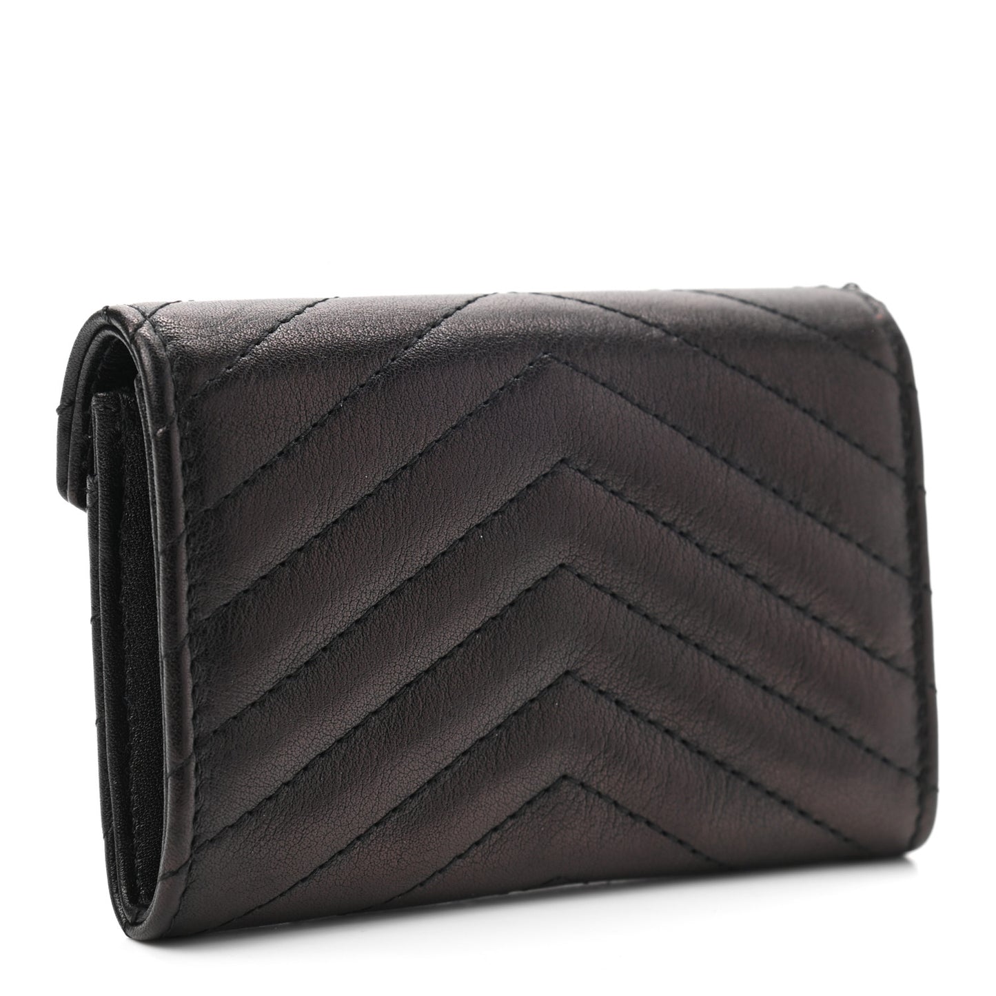Calfskin Chevron Quilted Compact Flap Wallet Black