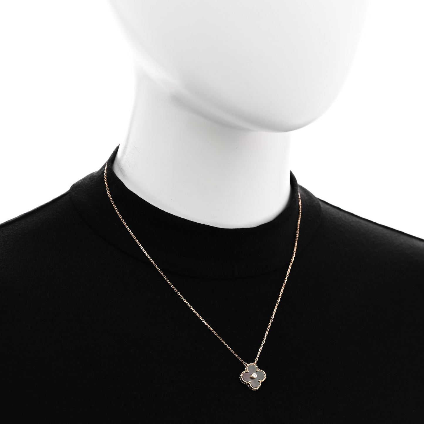 18K Rose Gold Diamond Grey Mother of Pearl Vintage Alhambra Pendant Necklace