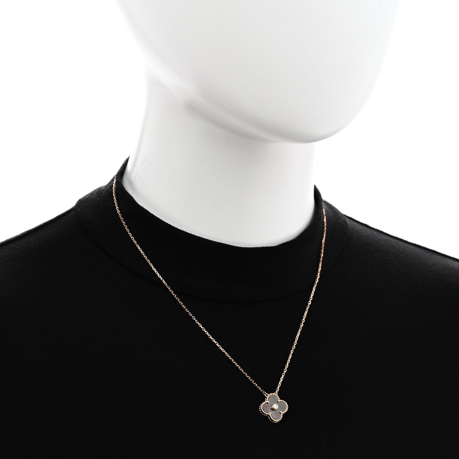 Van Cleef & Arpels 18K Rose Gold Diamond Grey Mother of Pearl Vintage Alhambra Pendant Necklace 2 of 6