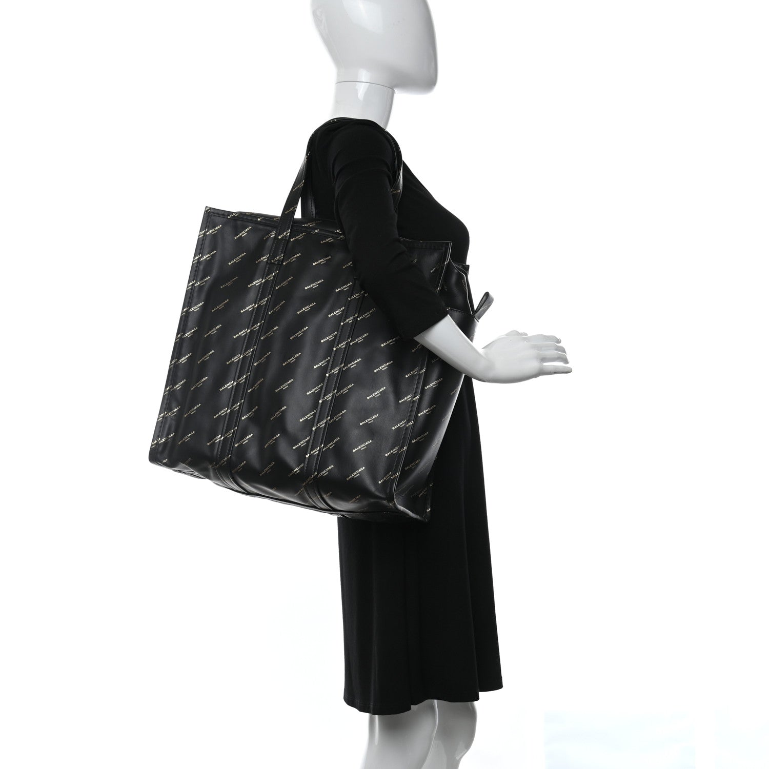 Balenciaga Calfskin Allover Logo Medium Bazar Shopper Tote Black Gold 2 of 10