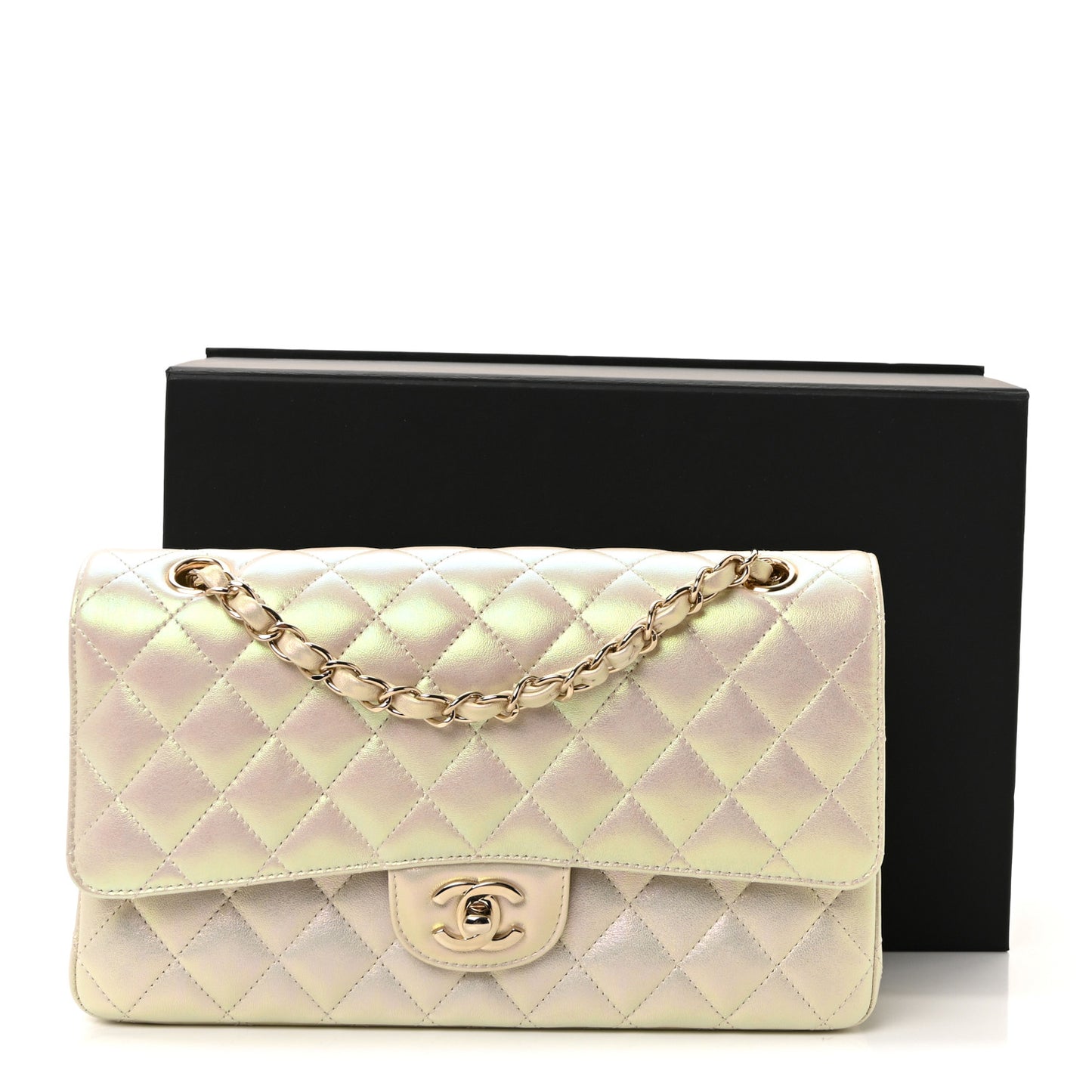 Iridescent Lambskin Quilted Medium Double Flap Ivory