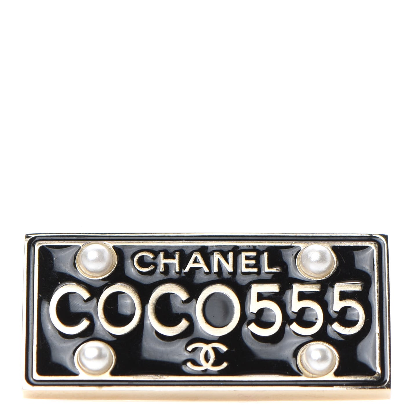 Metal Resin Pearl Coco License Plate Brooch Black Gold