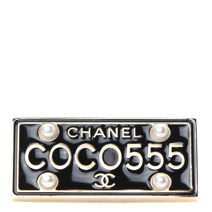 Chanel Metal Resin Pearl Coco License Plate Brooch Black Gold 1 of 5