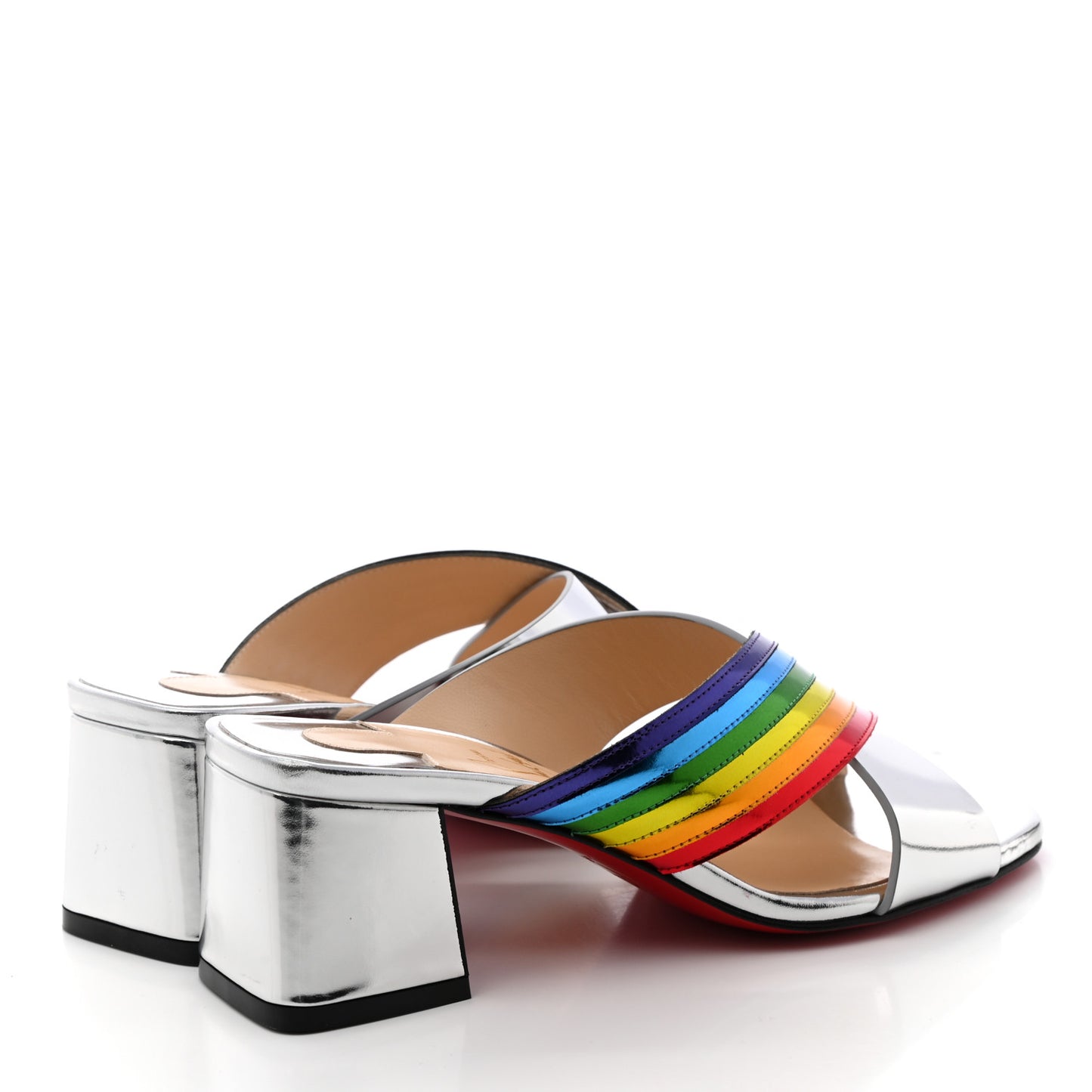 Metallic Calfskin Rainbow Arkenmule 55 Slide Sandals 35 Silver Multicolor