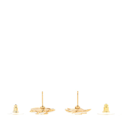 Chanel Metal Resin CC Camellia Stud Earrings Gold White 3 of 5