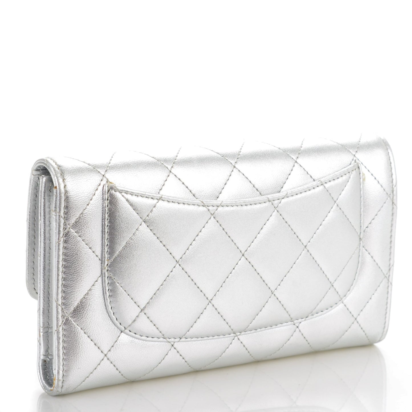Metallic Lambskin Quilted Large Flap Wallet Silver