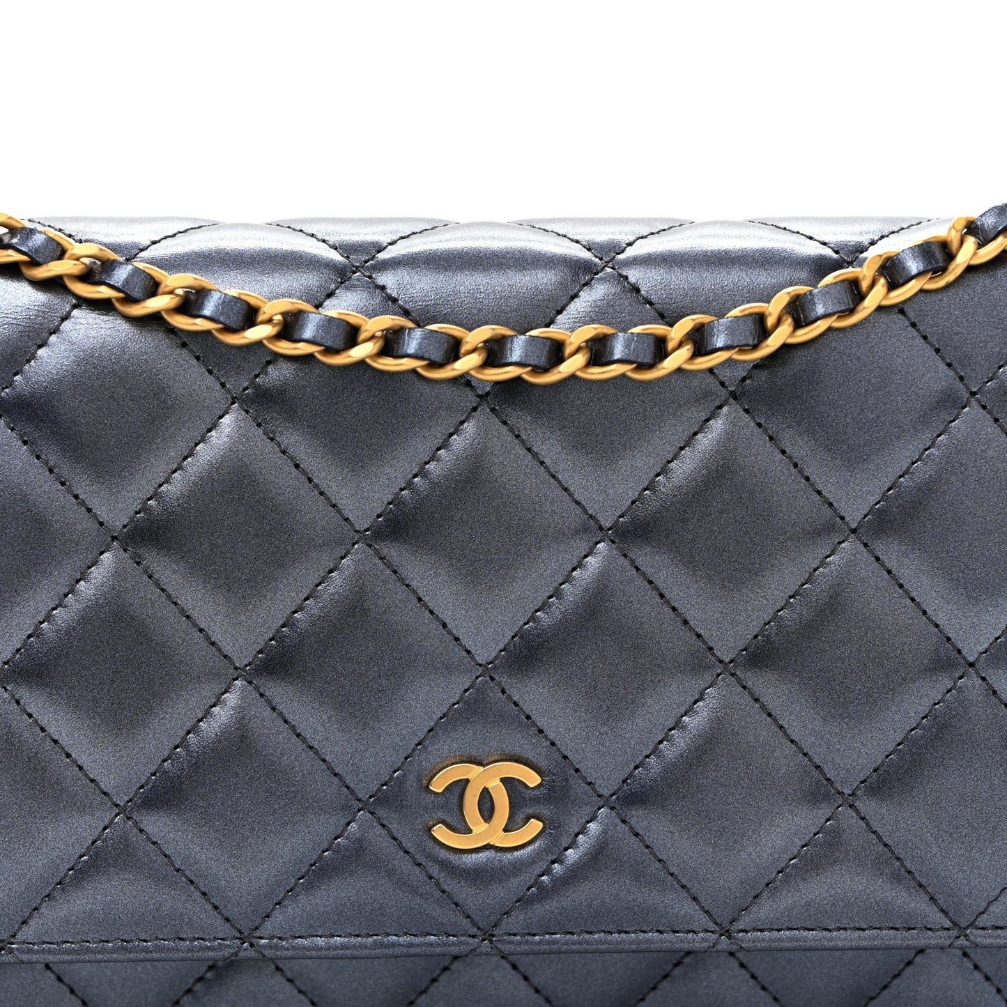 Metallic Calfskin Quilted Wallet On Chain WOC Navy Blue