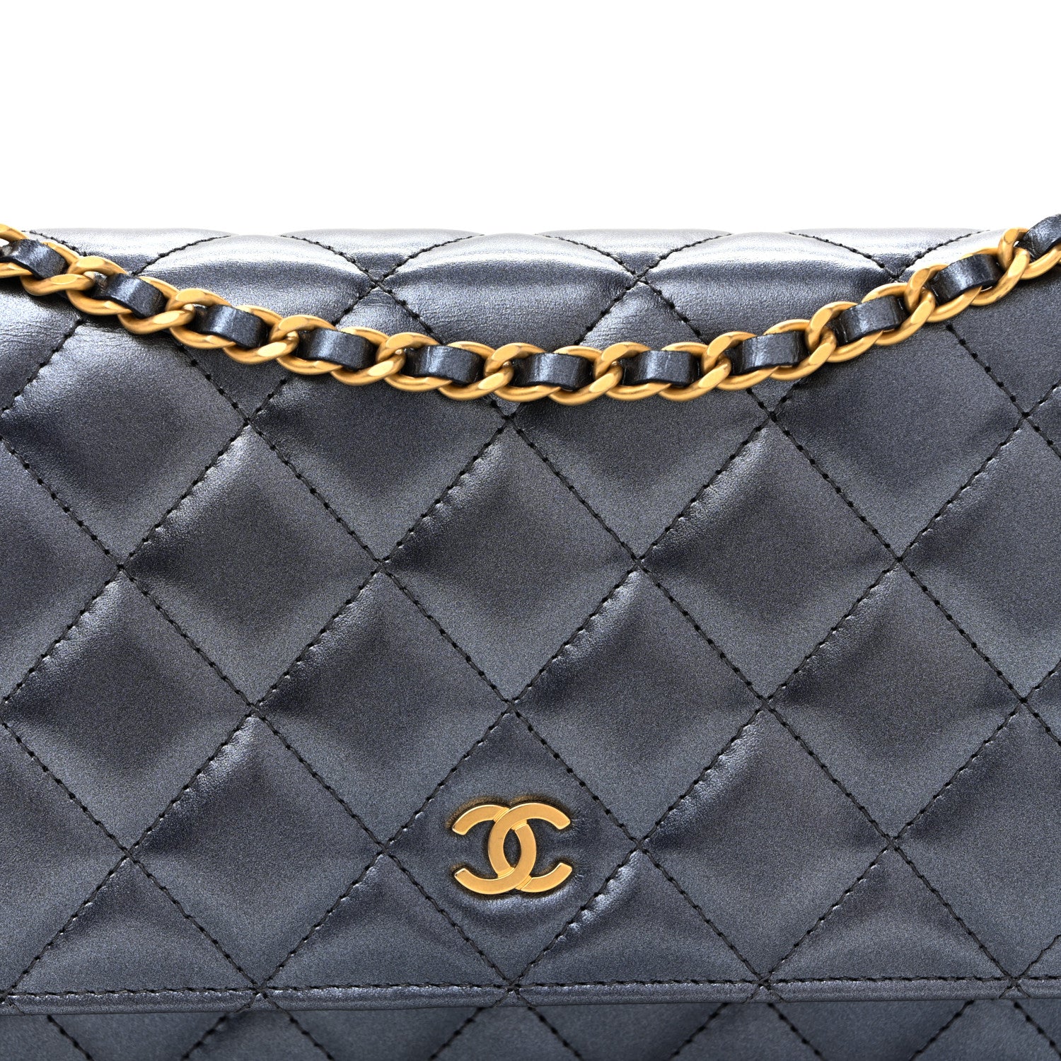 Chanel Metallic Calfskin Quilted Wallet On Chain WOC Navy Blue 9 of 12