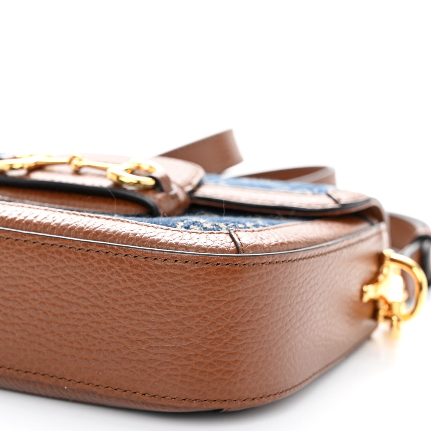 New Denim GG Monogram Dollar Calfskin Web Mini Horsebit 1955 Shoulder Bag Blue Tea Cuir Epilog