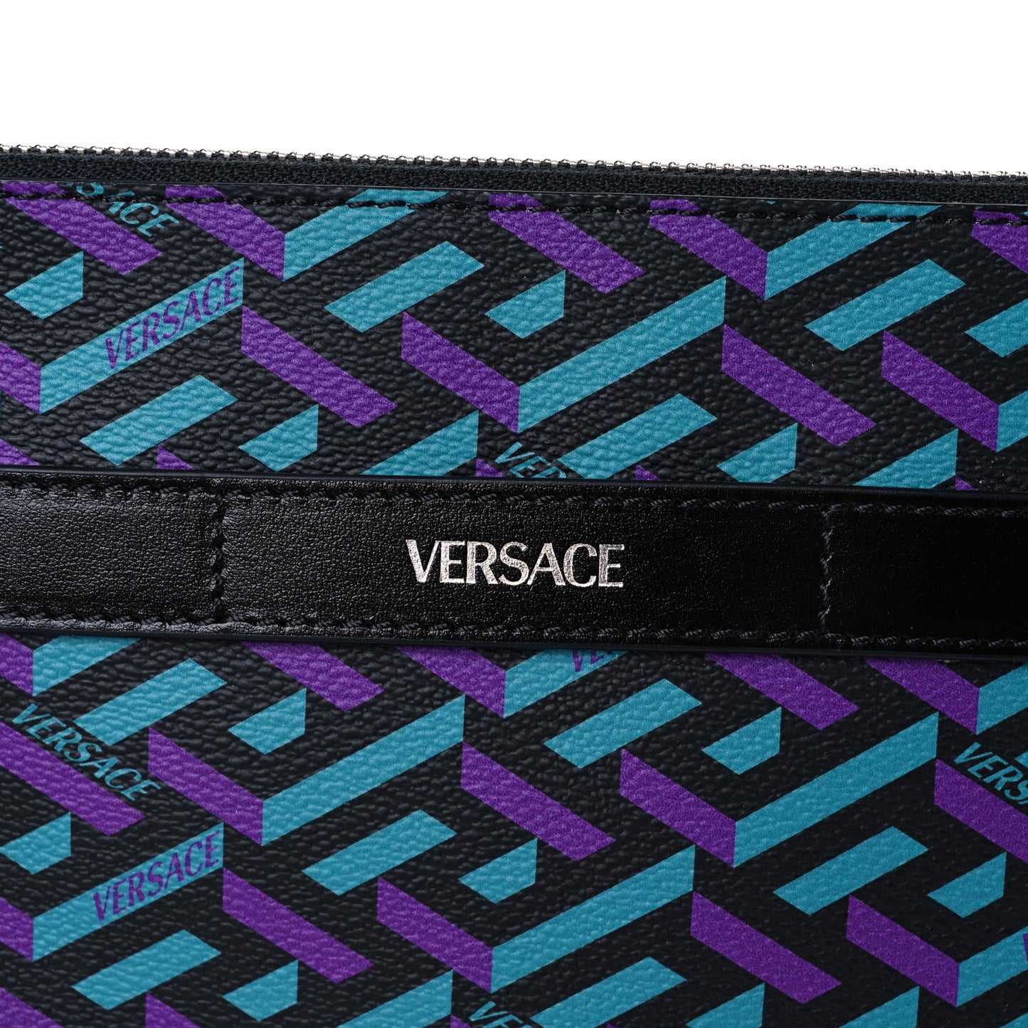 Coated Canvas Calfskin Mens La Greca Zip Pouch Black Blue Purple