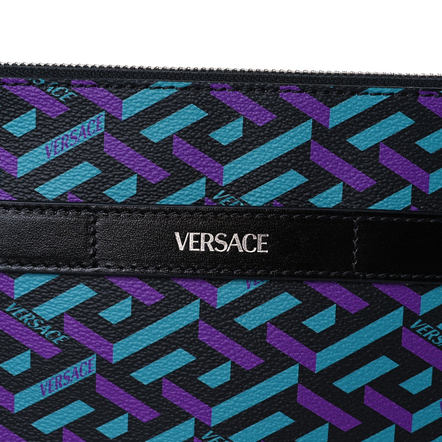 Versace Coated Canvas Calfskin Mens La Greca Zip Pouch Black Blue Purple 7 of 8