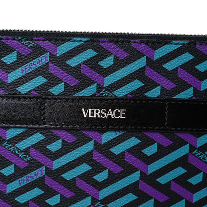 Versace Coated Canvas Calfskin Mens La Greca Zip Pouch Black Blue Purple 7 of 8