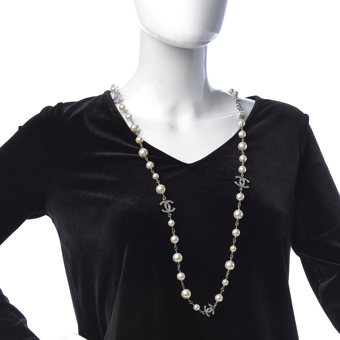 Graduated Pearl Crystal CC Long Necklace Silver Pearly White