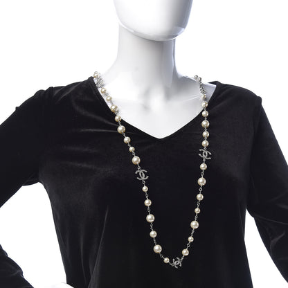 Chanel Graduated Pearl Crystal CC Long Necklace Silver Pearly White 2 of 5