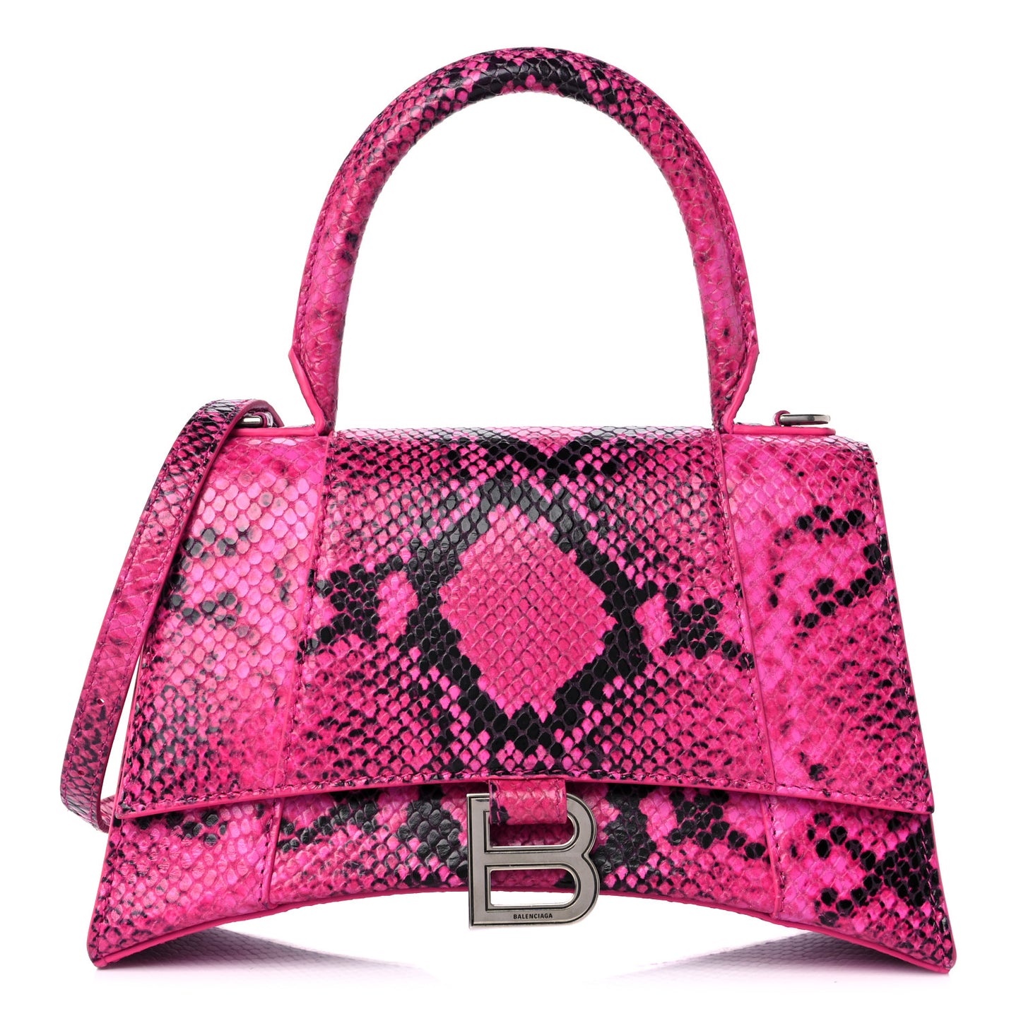 Shiny Calfskin Python Effect Small Hourglass Top Handle Bag Fuchsia Black