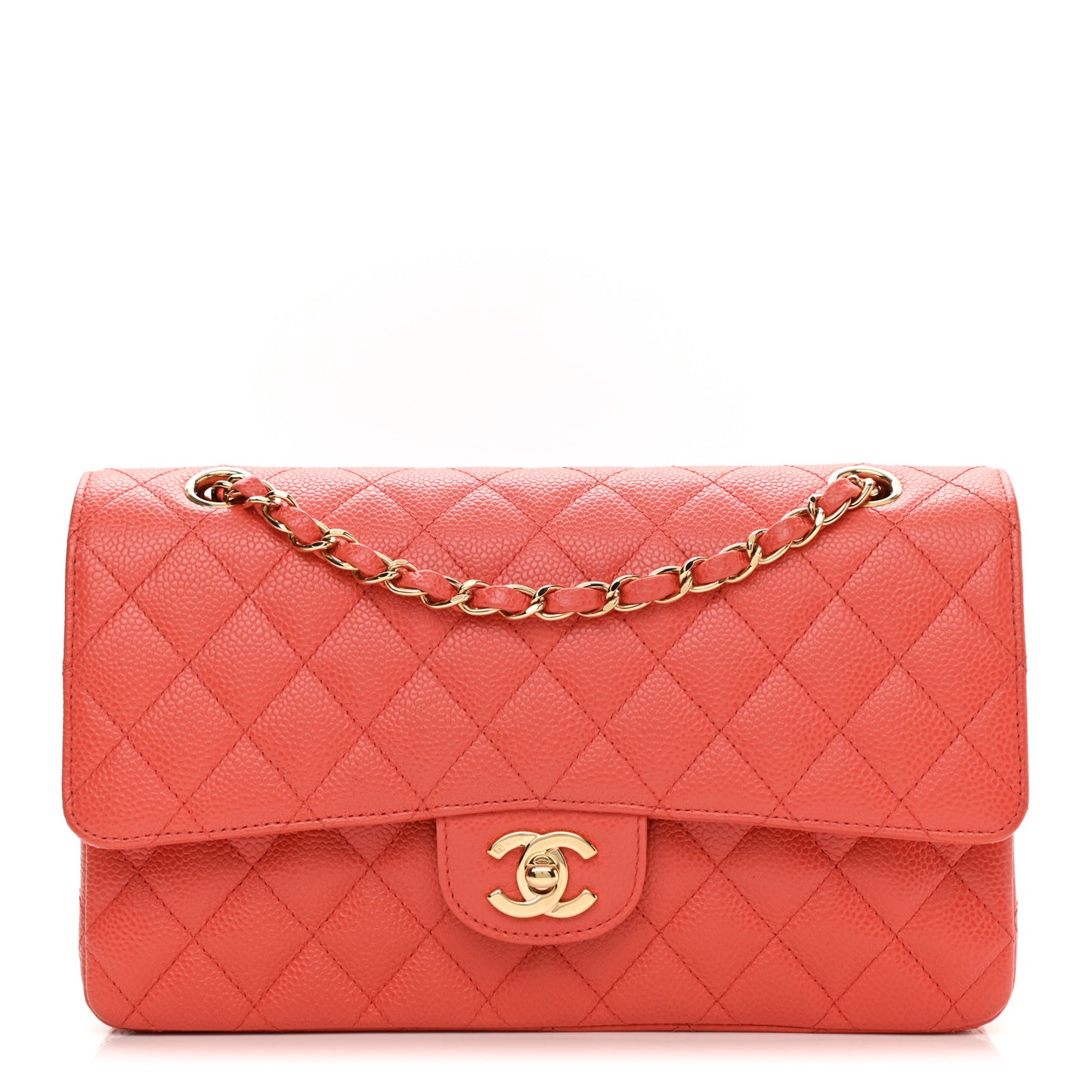 Caviar Quilted Medium Double Flap Light Red