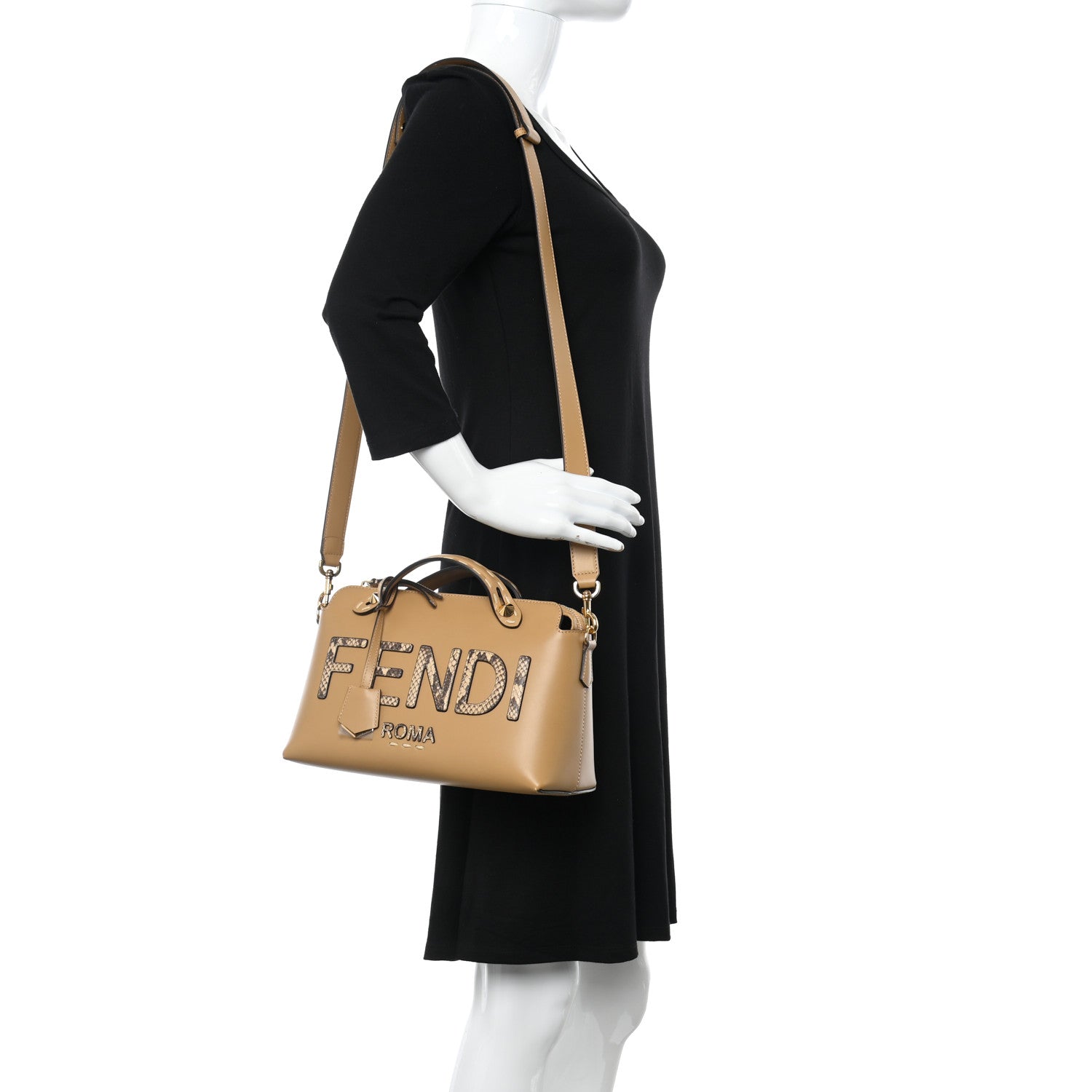 Fendi Vitello King Elaphe Python Print Logo Medium By The Way Boston Bag Miele Scuro Makeup 2 of 11
