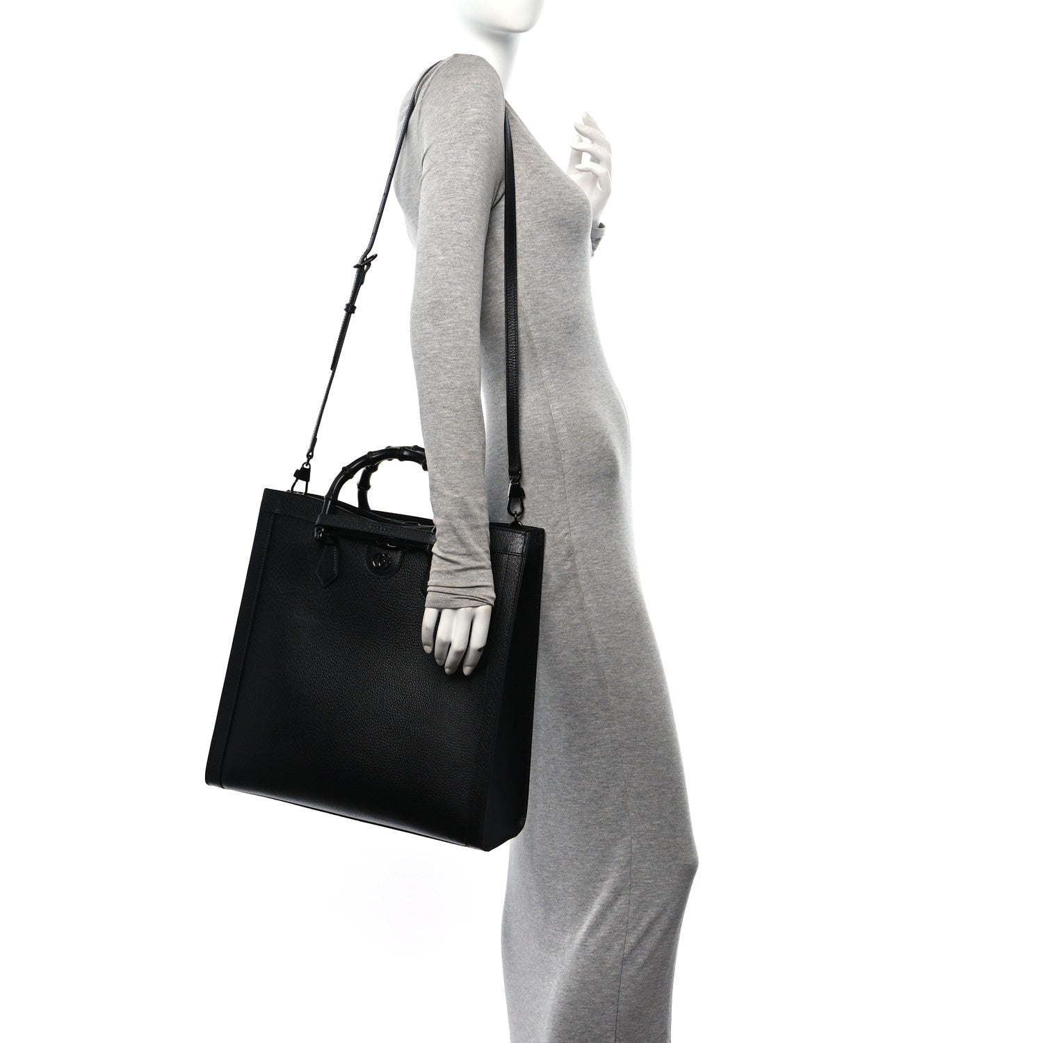 Gucci Textured Dollar Calfskin Web Monochrome Large Diana Tote Bag Black 2 of 12