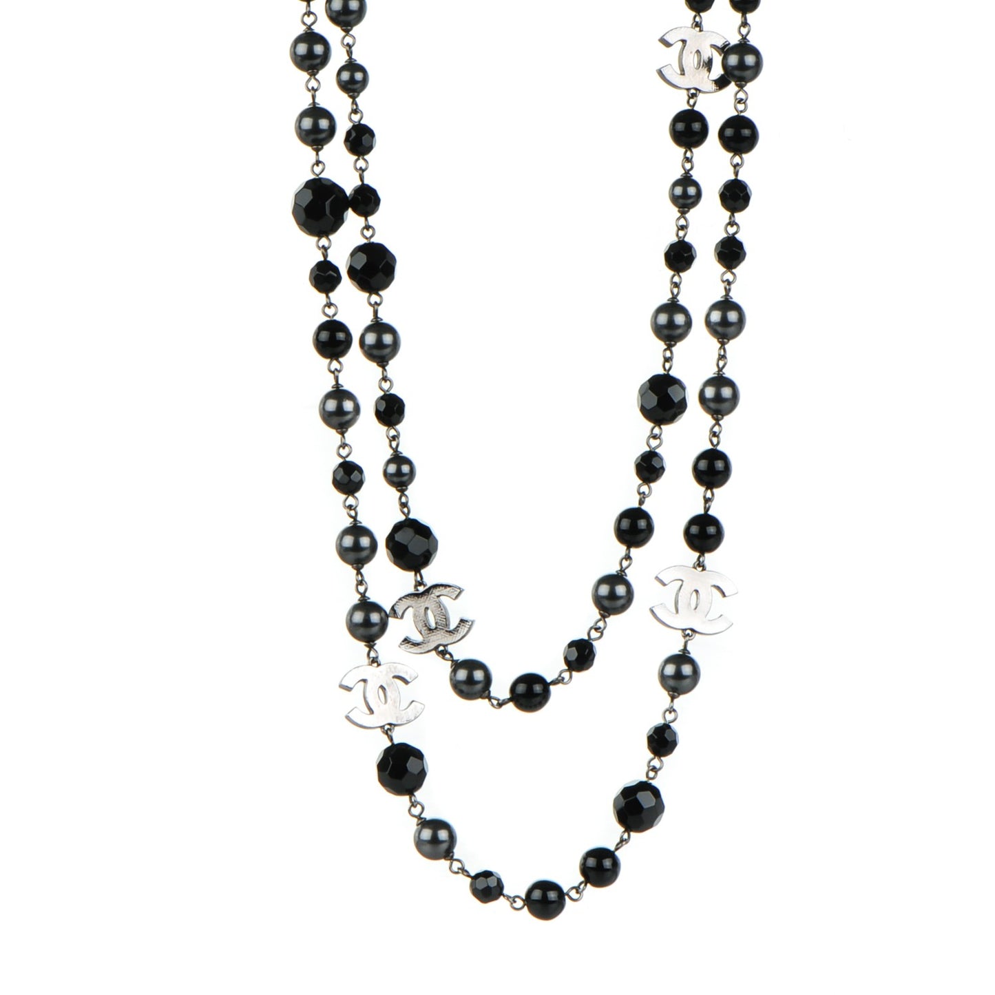 Ruthenium Pearl Beaded CC Long Necklace Black