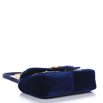 Gucci Velvet Matelasse Embroidered Mini GG Marmont Shoulder Bag Cobalt Blue 3 of 11