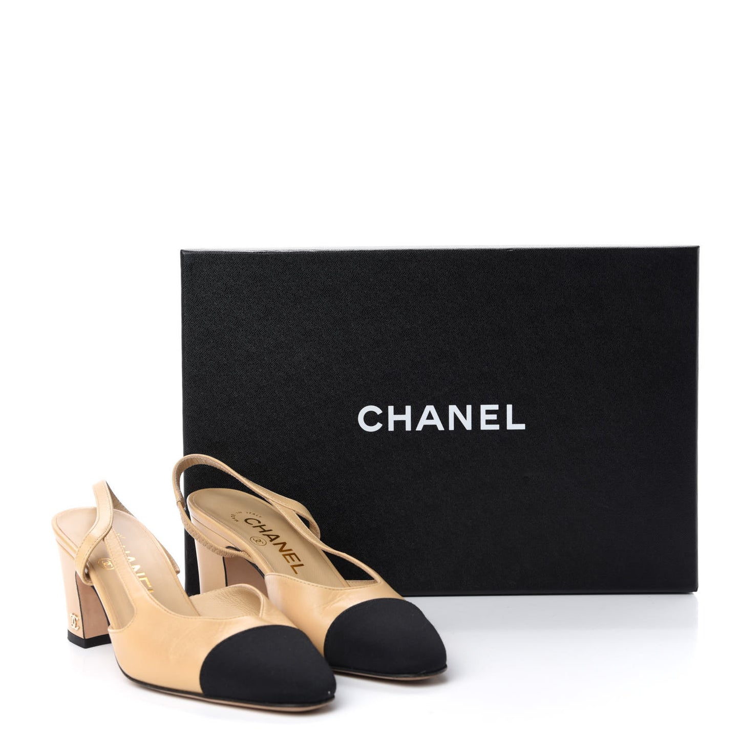 Goatskin Grosgrain Cap Toe CC Slingback Pumps 35 Beige Black