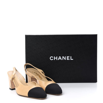 Chanel Goatskin Grosgrain Cap Toe CC Slingback Pumps 35 Beige Black 10 of 10
