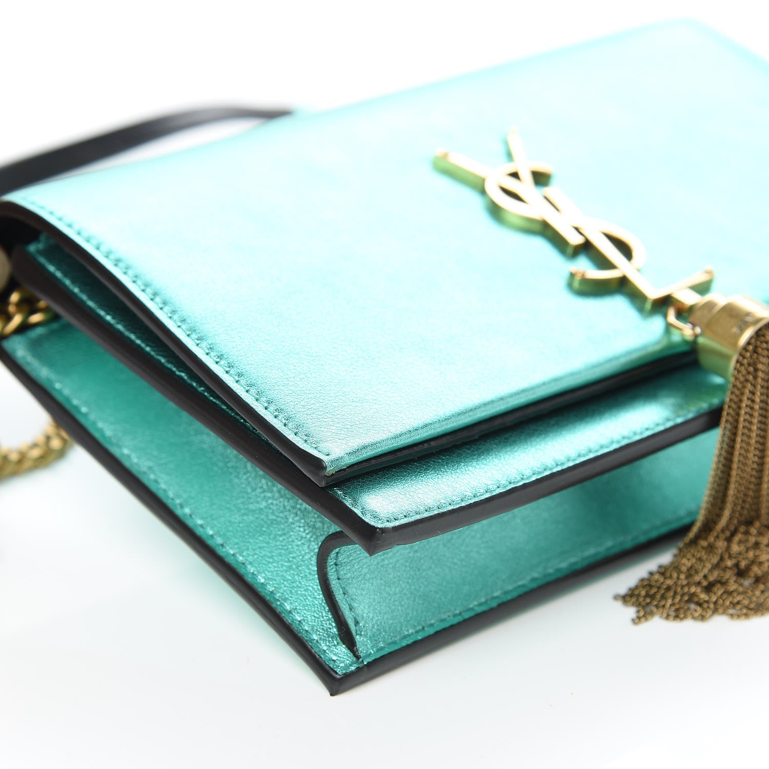 Saint Laurent Laminated Calfskin Classic Monogram Kate Tassel Chain Wallet Green 8 of 11