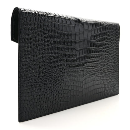 Saint Laurent Calfskin Crocodile Embossed Uptown Monogram Pouch Black 2 of 8
