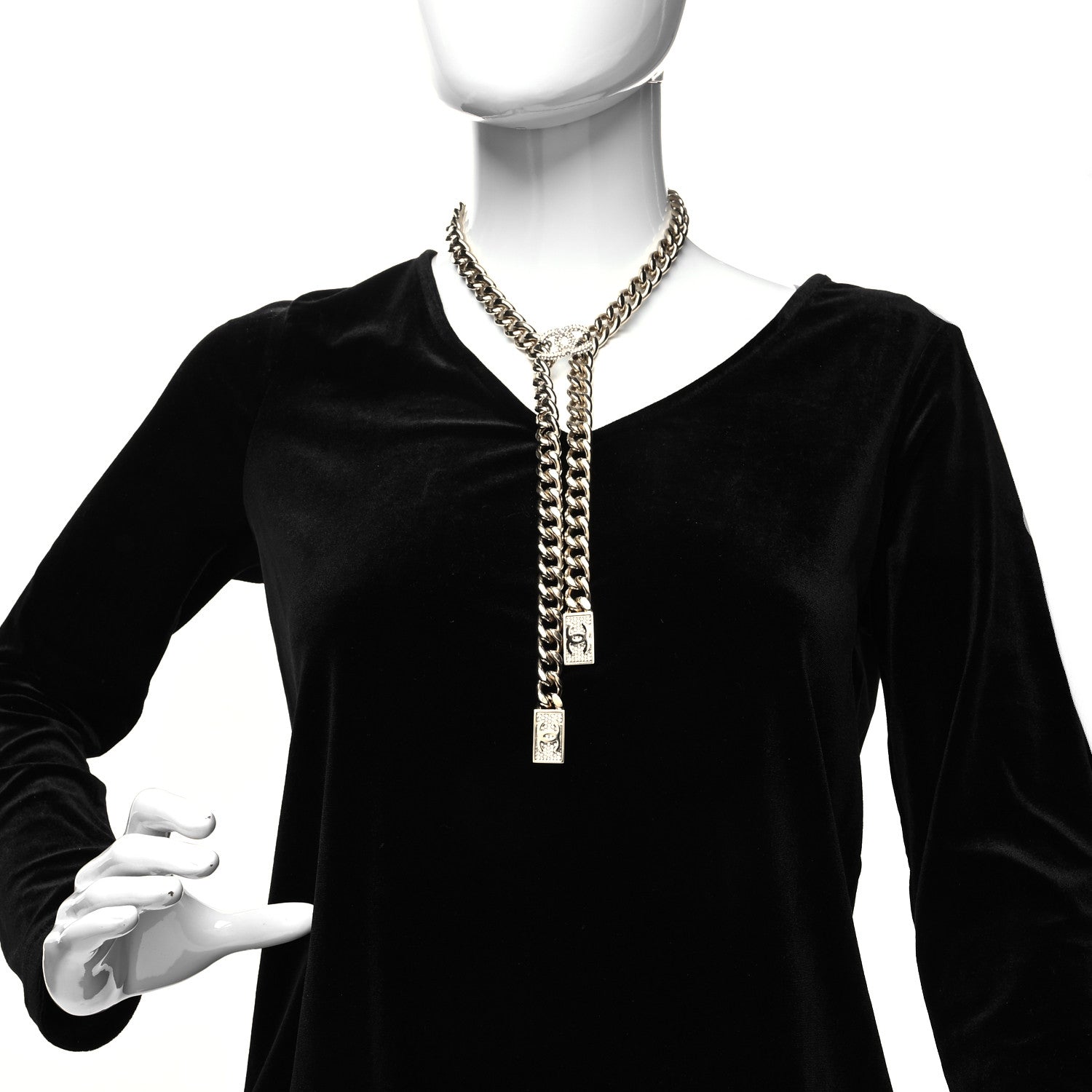 Chanel Chain Link Crystal CC Dog Tag Charm Necklace Gold 2 of 5
