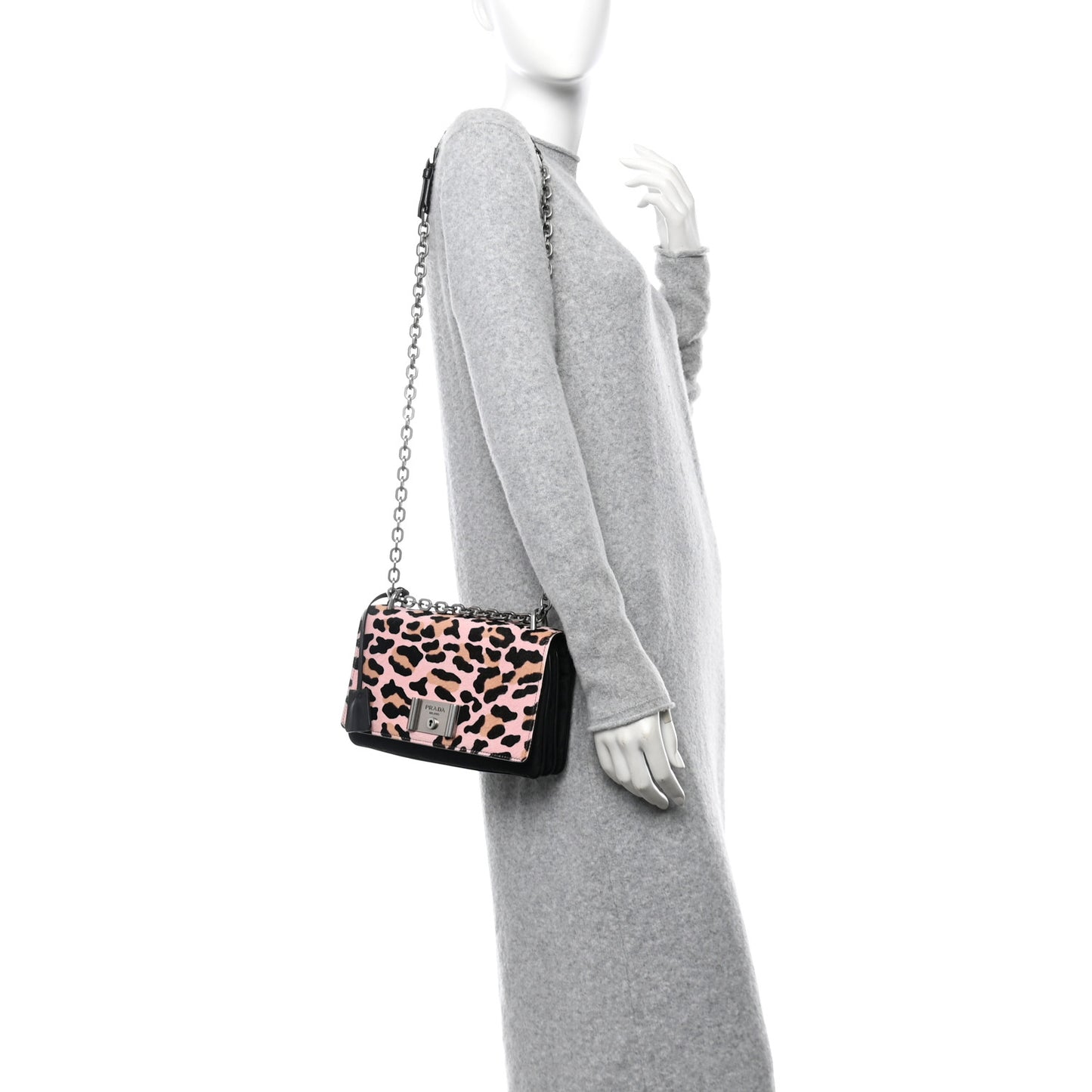 Tessuto Cavallino Leopard Print Lock Flap Chain Shoulder Bag Black Rosa