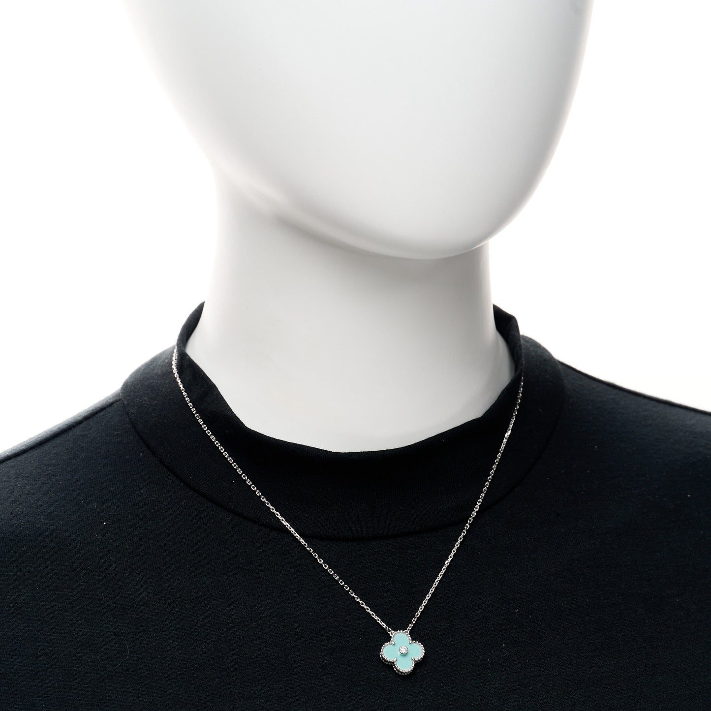 18K White Gold Diamond Celadon Green Sevres Porcelain Vintage Alhambra Pendant Necklace