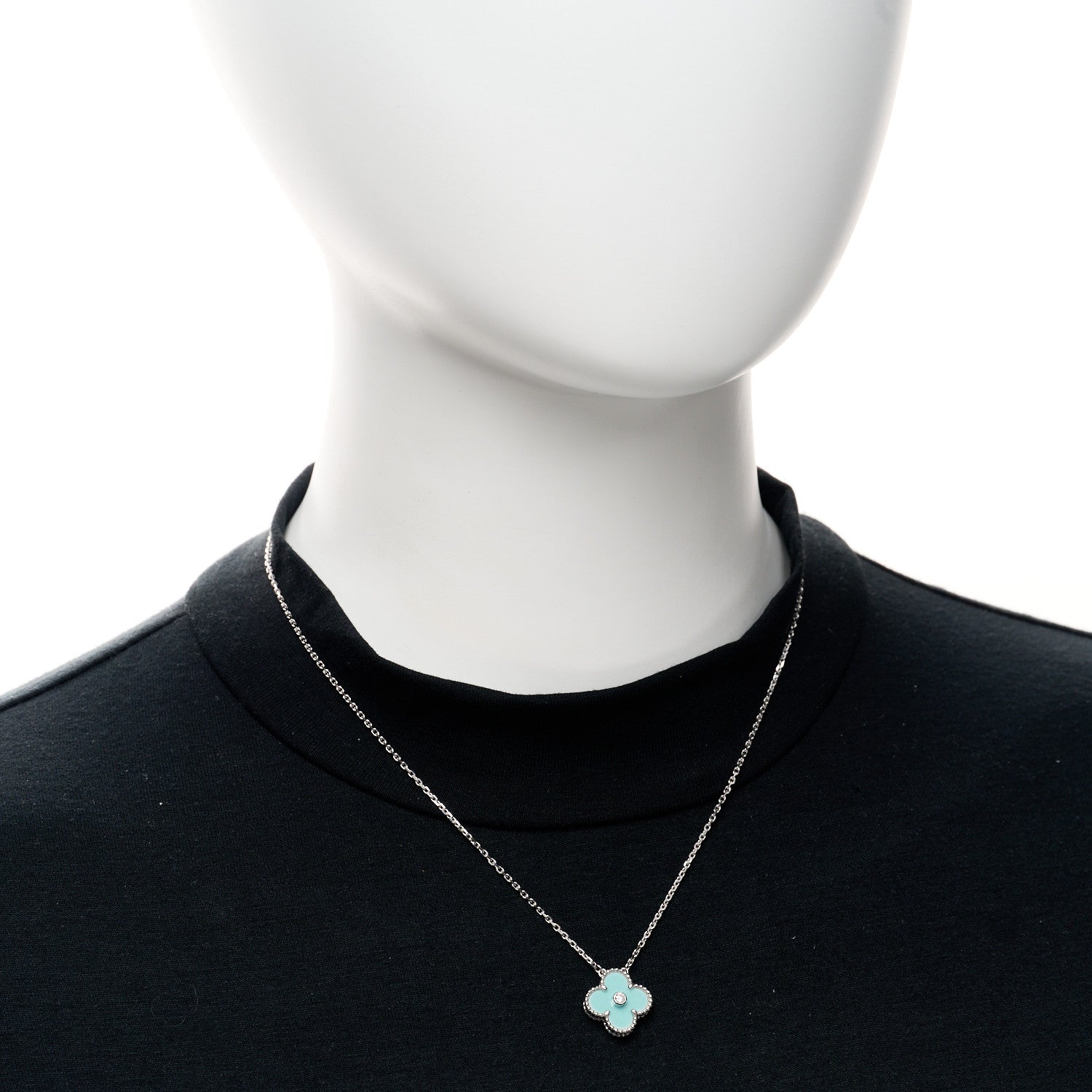 Van Cleef & Arpels 18K White Gold Diamond Celadon Green Sevres Porcelain Vintage Alhambra Pendant Necklace 2 of 5