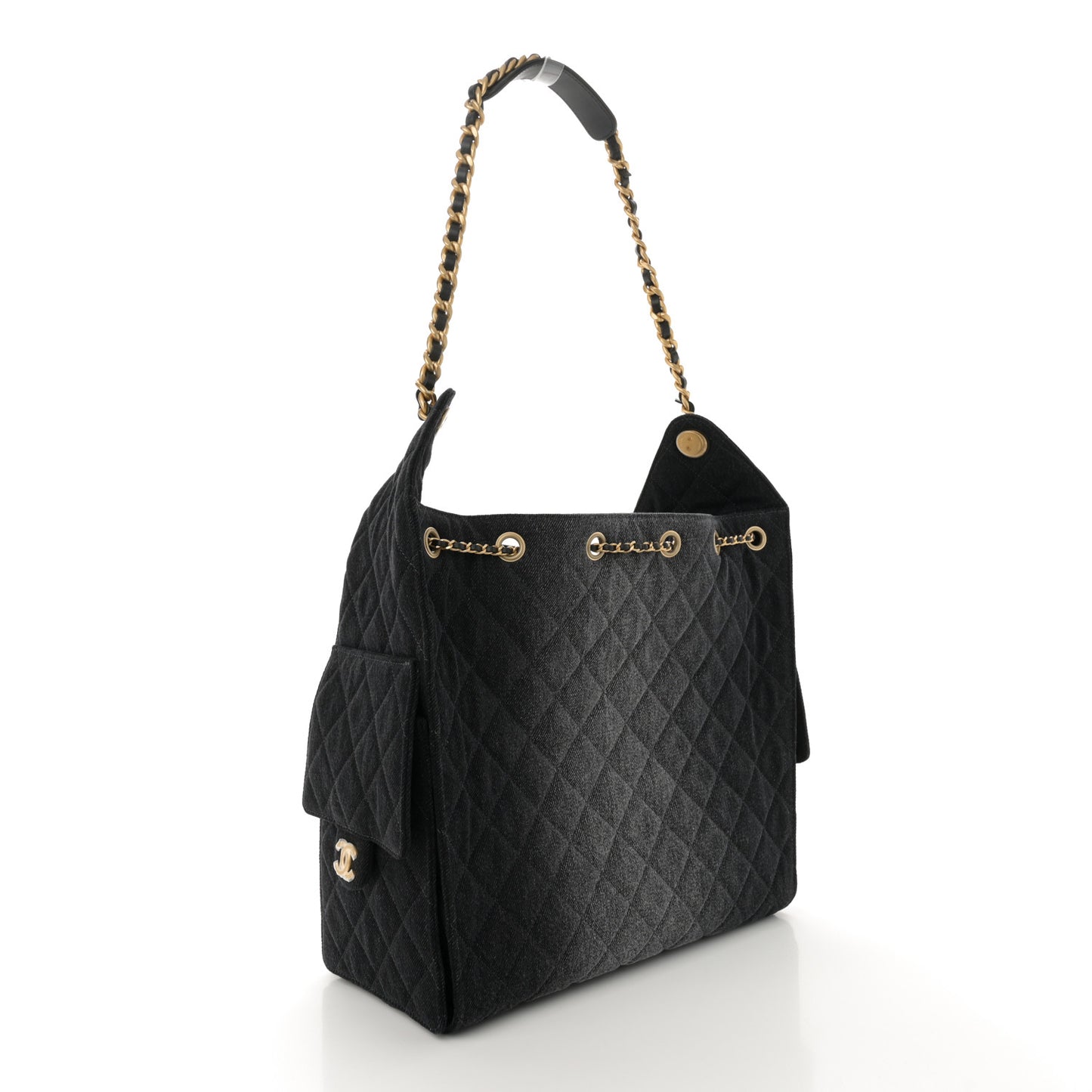 Washed Denim Quilted Medium Chanel 25 Handbag Black