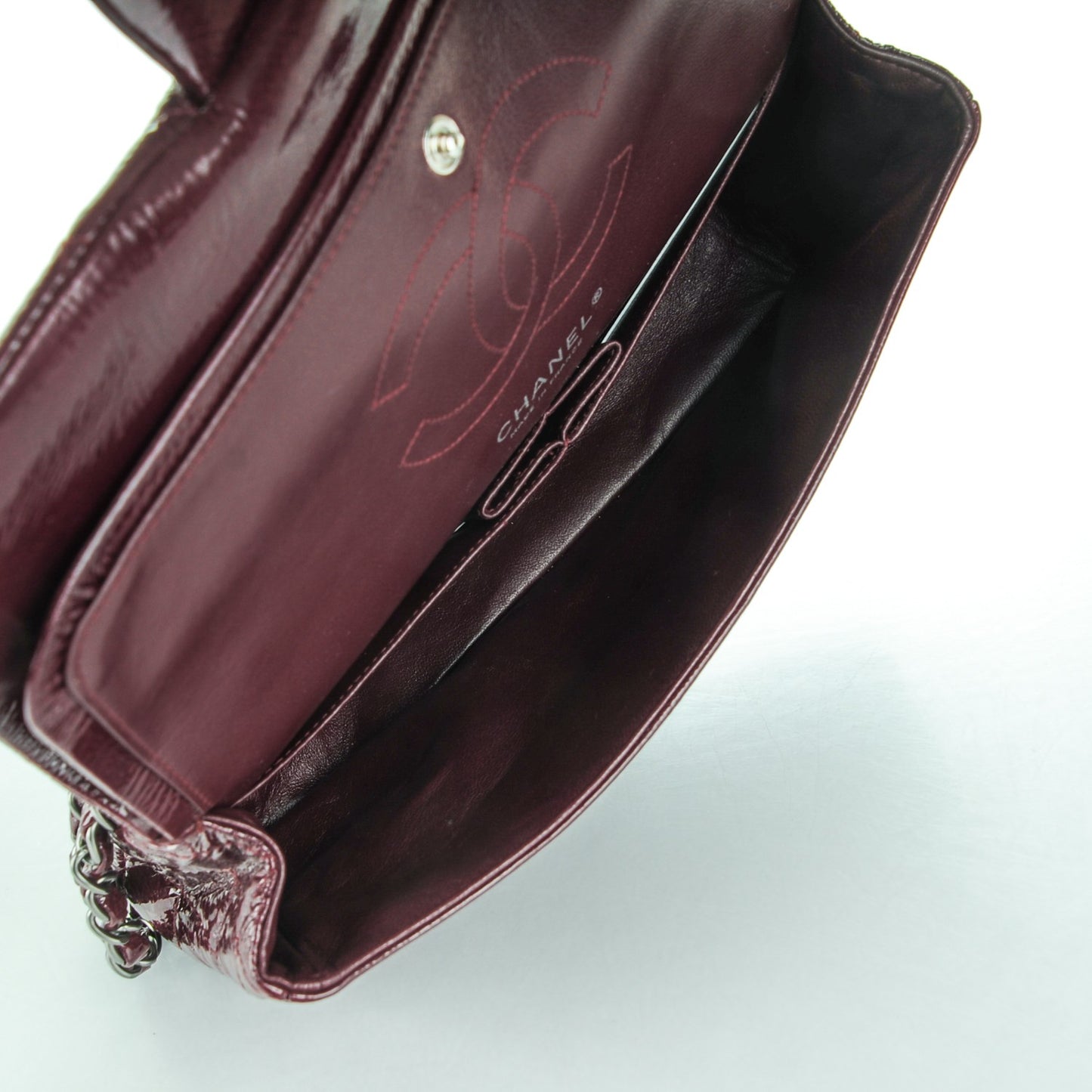 Distressed Patent Quilted Medium Double Flap Bordeaux