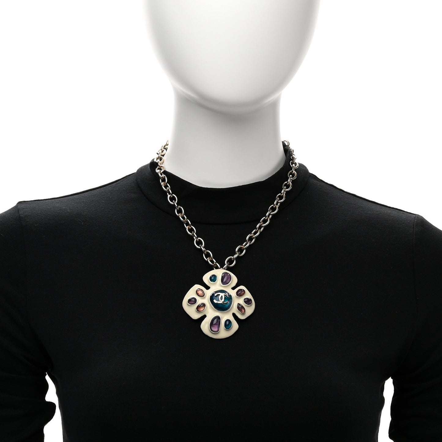 Enamel Gripoix Flower Necklace White Multicolor
