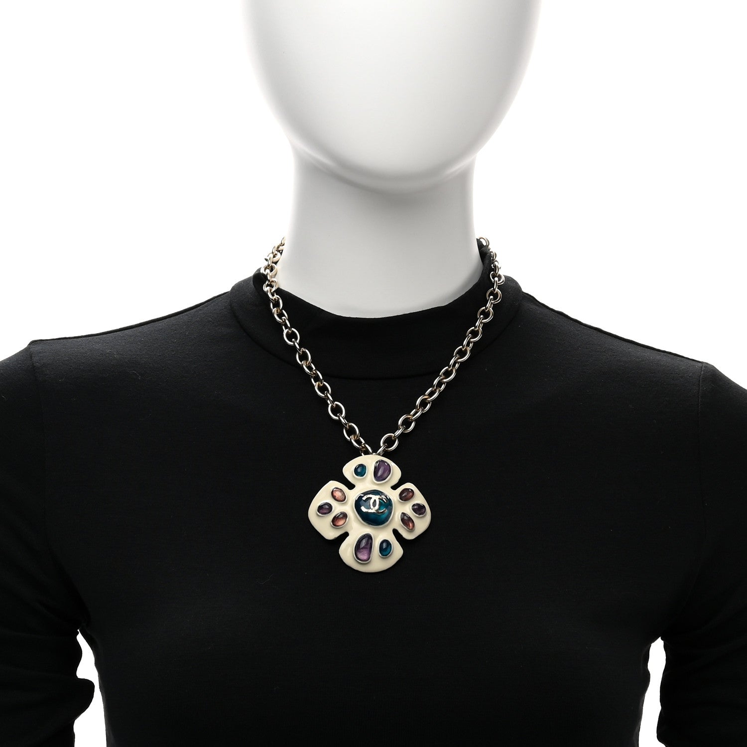 Chanel Enamel Gripoix Flower Necklace White Multicolor 2 of 4