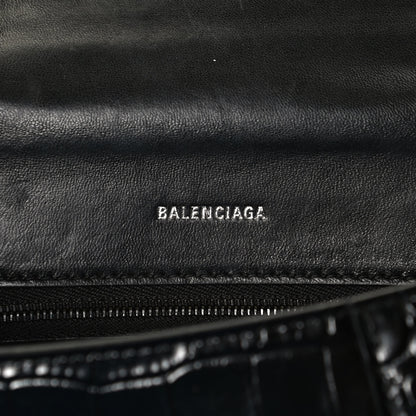 Balenciaga Shiny Calfskin Monochrome Crocodile Embossed Small Hourglass Top Handle Bag Black 6 of 11