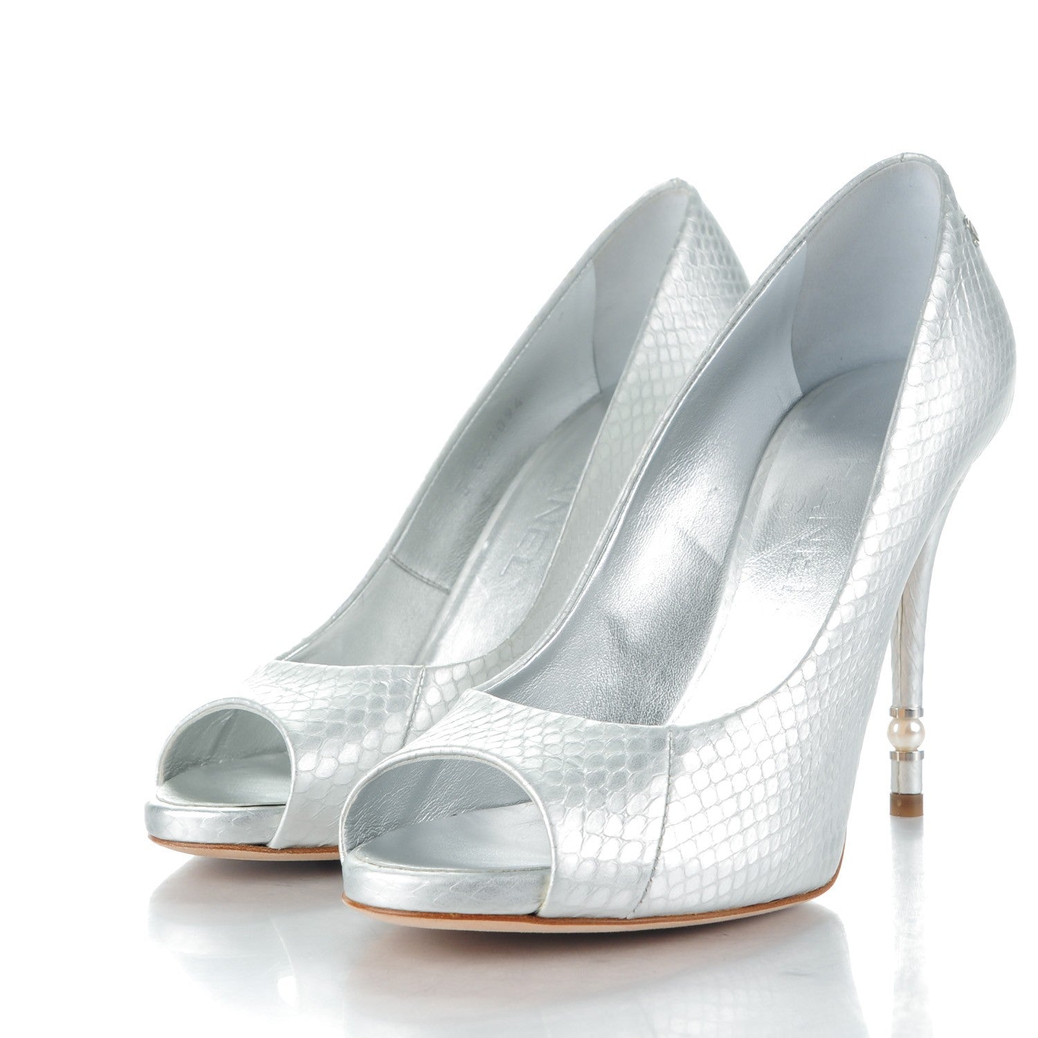 Chanel Patent Snakeskin Pearl Peep Toe Pumps 38 Silver 3 of 9