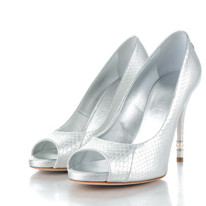 Chanel Patent Snakeskin Pearl Peep Toe Pumps 38 Silver 3 of 9