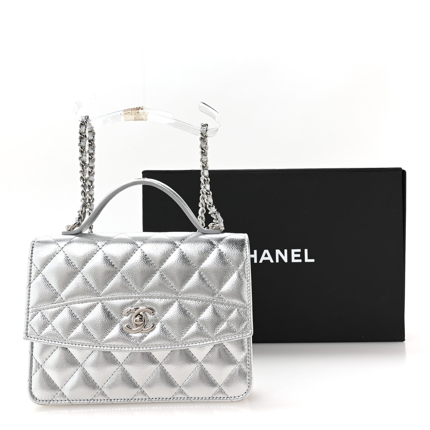 Metallic Caviar Quilted Top Handle Wallet on Chain WOC Silver