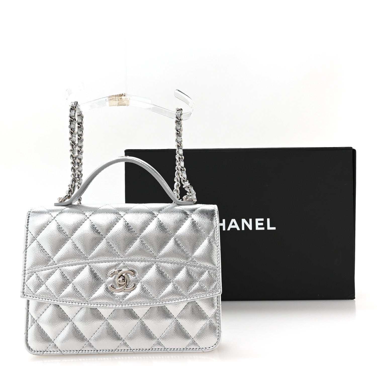 Chanel Metallic Caviar Quilted Top Handle Wallet on Chain WOC Silver 12 of 12