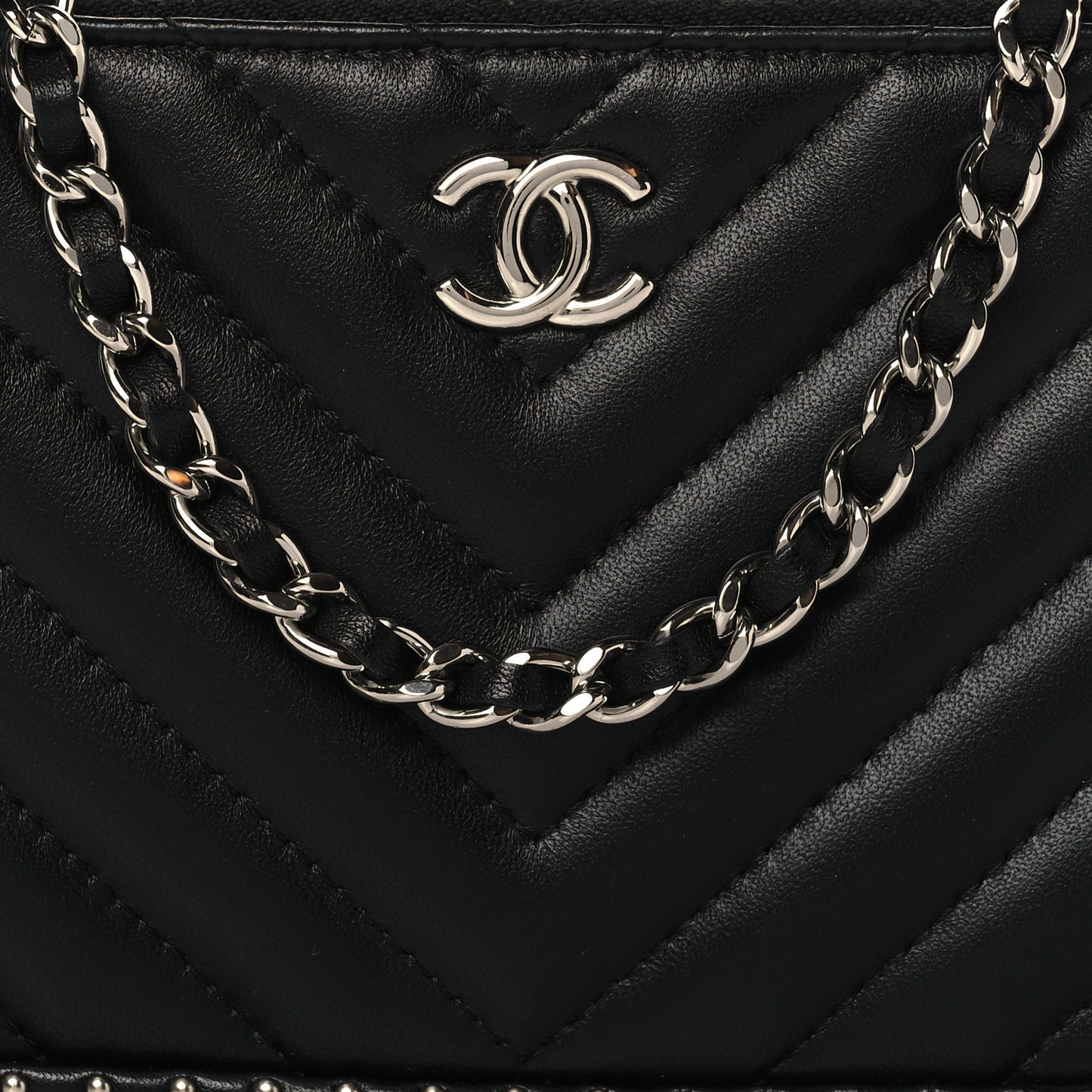 Lambskin Chevron Quilted Studded Clutch With Chain Black