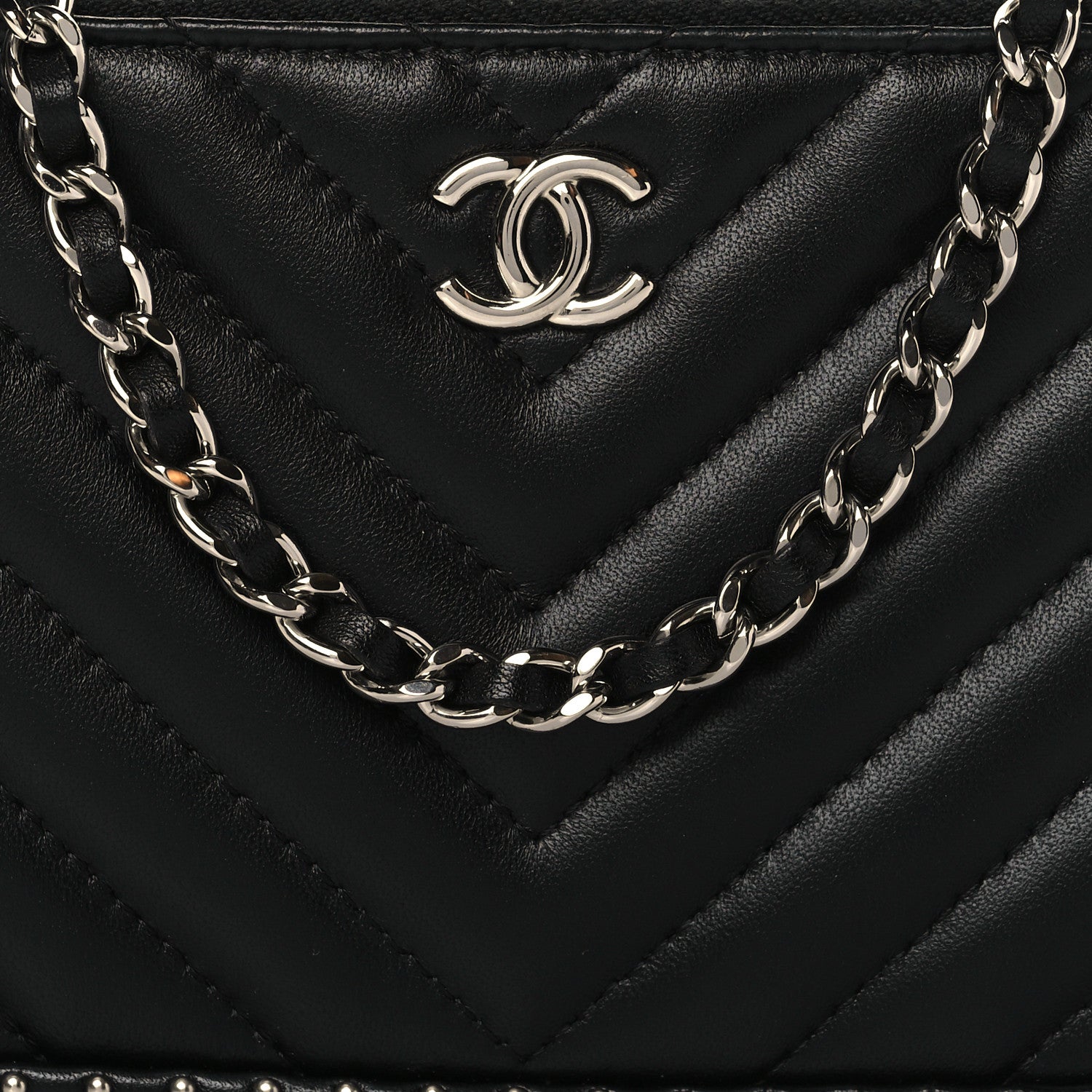 Chanel Lambskin Chevron Quilted Studded Clutch With Chain Black 7 of 13