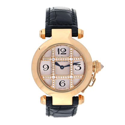 Cartier 18K Yellow Gold Alligator Diamond 32mm Pasha C Grille Quartz Watch 1 of 5