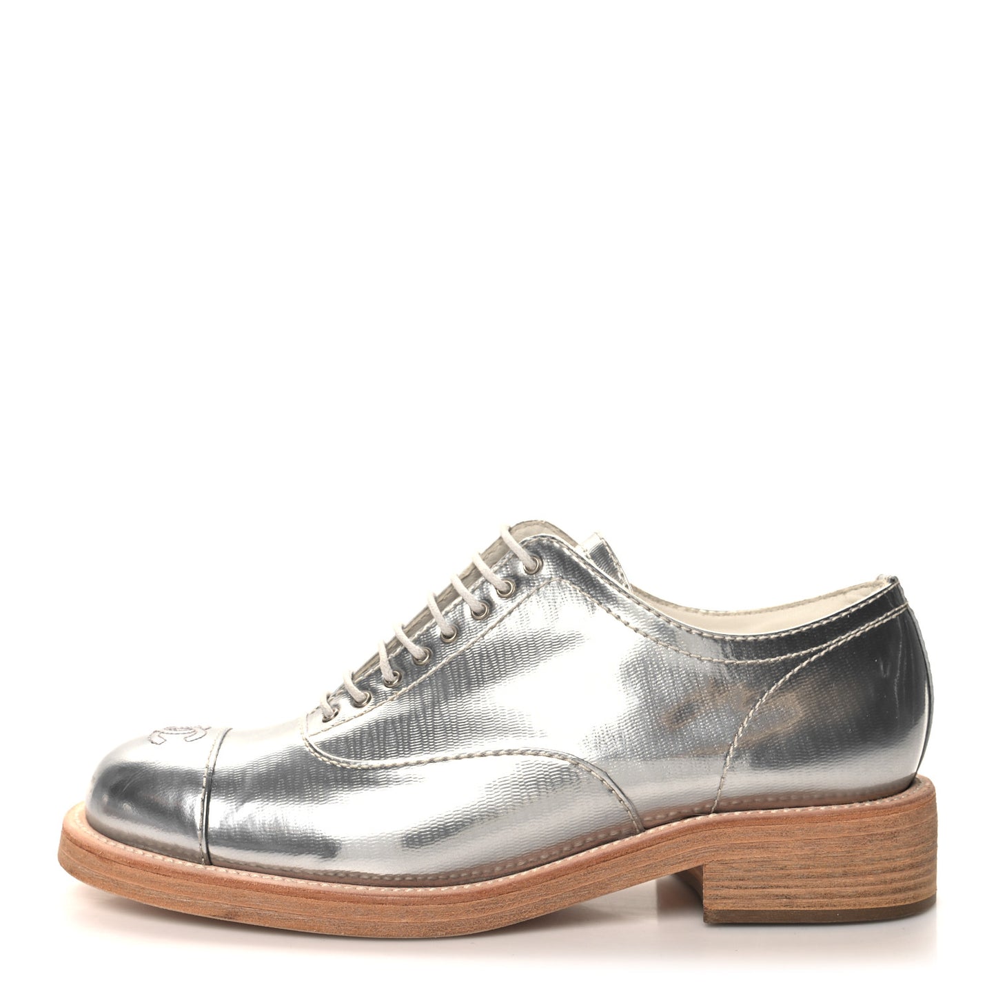 Metallic Fantasy Calfskin PVC Lace Up Loafers 41.5 Silver