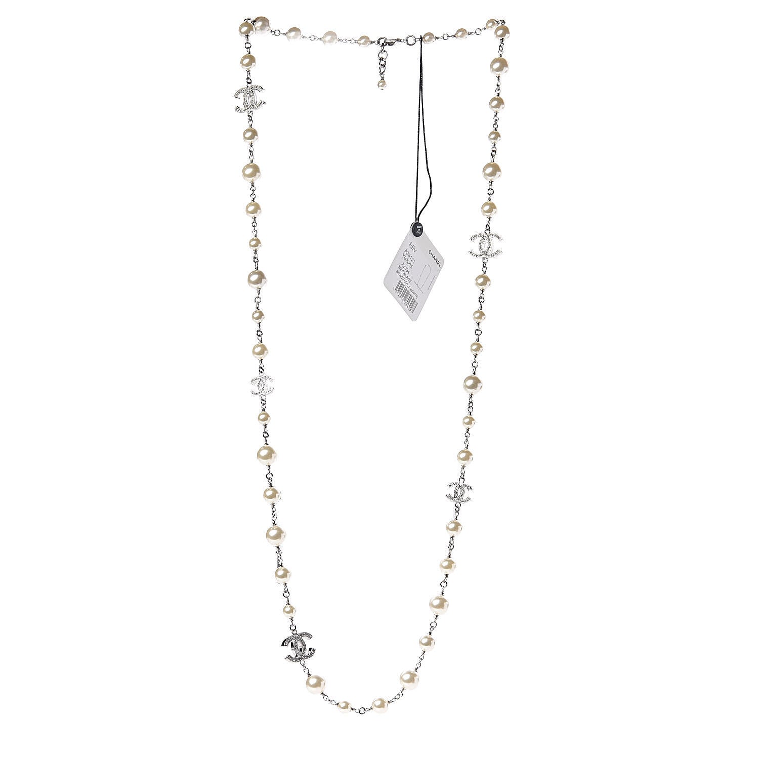 Chanel Graduated Pearl Crystal CC Long Necklace Silver 3 of 5